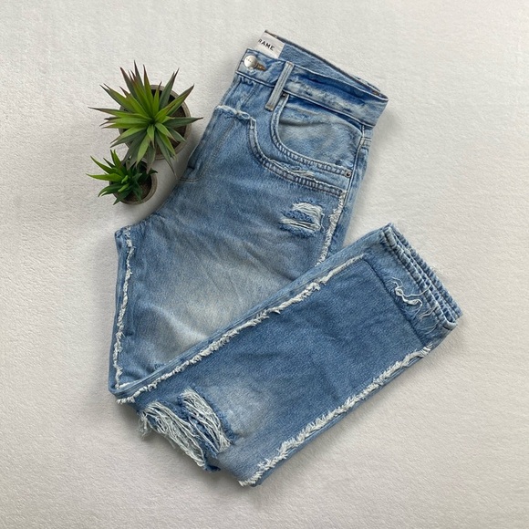 Frame High Waist Straight Leg Double Knee Patch Distressed Jean (Coast Combo) - Picture 1 of 16